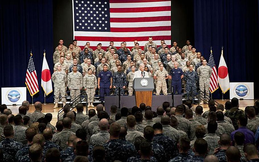 U.S. Vice President Joe Biden thanks troops Wednesday at Yokota Air Base, Japan, for their efforts during Operation Tomodachi.