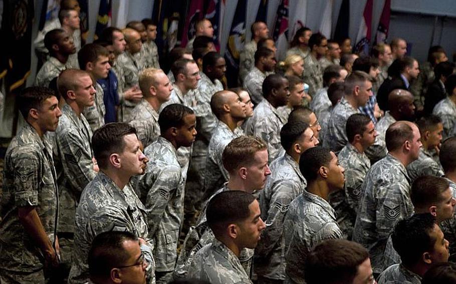 Troops from the Army, Air Force, Marine Corps, Navy and Coast Guard take in the words of U.S Vice President Biden during his visit Wednesday to Yokota Air Base, Japan.