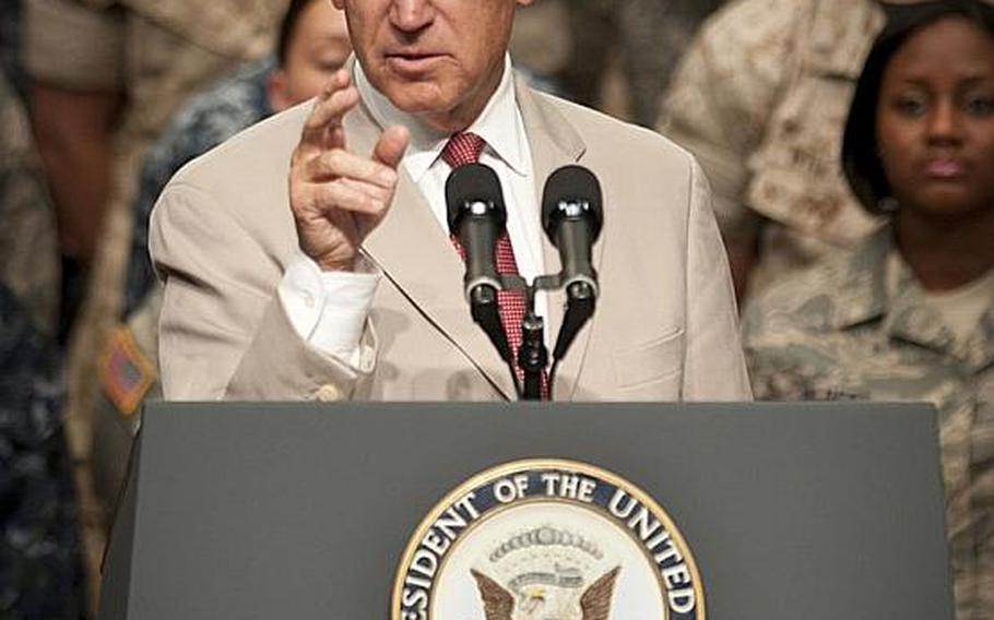 U.S. Vice President Joe Biden addresses the troops, thanking them for their efforts during Operation Tomodachi Wednesday during his visit to Yokota Air Base, Japan.