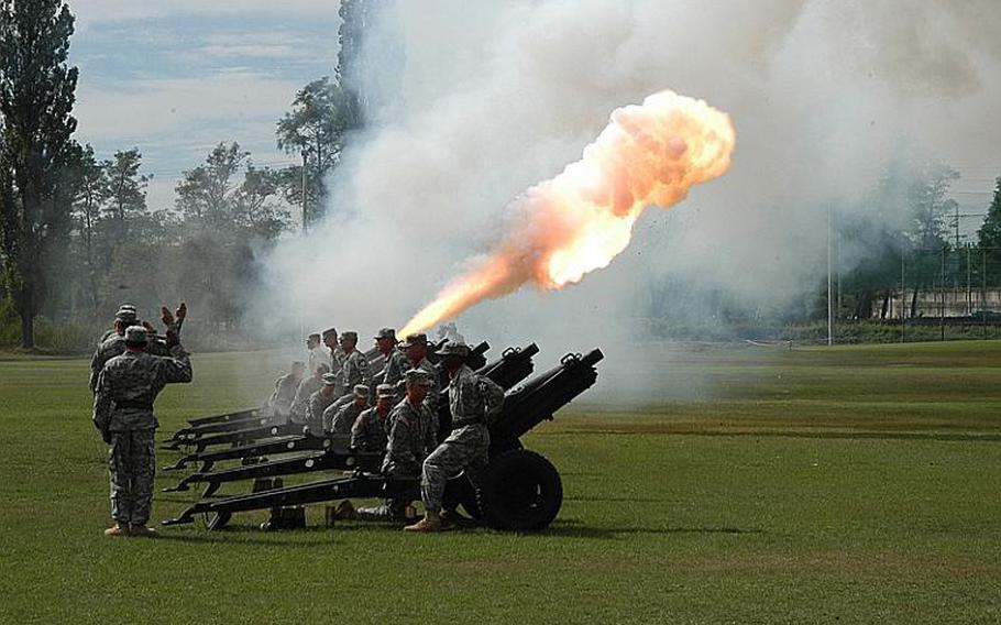 A cannon is fired during the 2nd Infantry Division's change of command ceremony Tuesday at Camp Casey in South Korea. Maj. Gen. Edward Cardon assumed command at the ceremony, succeeding Maj. Gen. Michael Tucker.