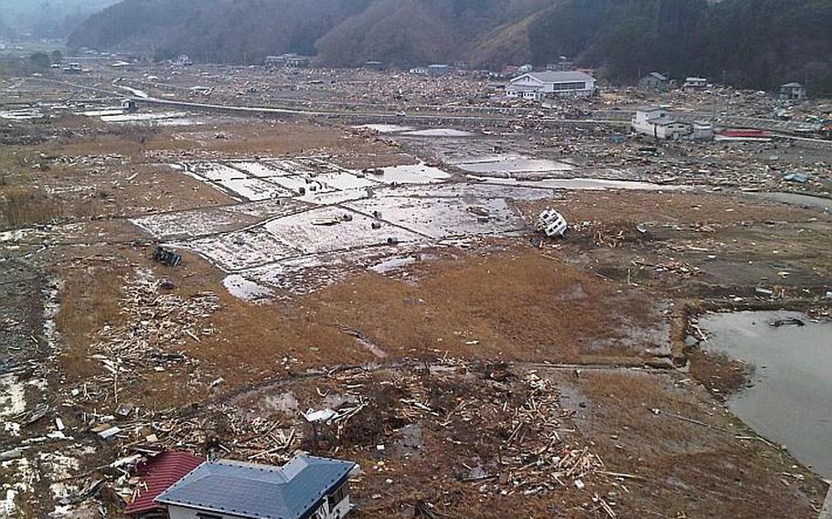 The Iwate prefecture town of Yamada lays in ruins following March 11?s tsunami, as shown in this picture taken not long afterward. Lydia DeLeon-Rush and several others volunteers from the U.S. military community in Japan are refurbishing and then donating several dozen bicycles to families in Yamada and other towns along the nearby coast.