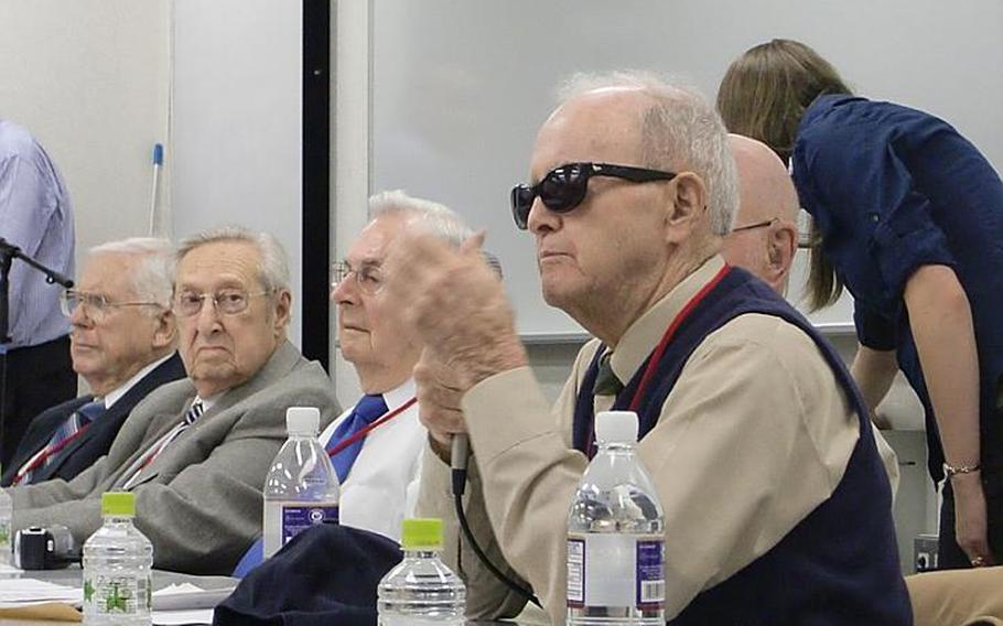 Jim Collier, 88, speaks to an audience during a lecture at Temple University on Oct. 17, 2011, in Tokyo. Collier and six other WWII POWs are touring Japan this week seeking closure to the brutal treatment they endured while held captive.