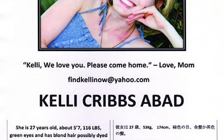 Missing posters have gone up at military bases and Japanese police stations in recent weeks as the mother of Kelli Abad has searched for any indications of what might have happened to her daughter.