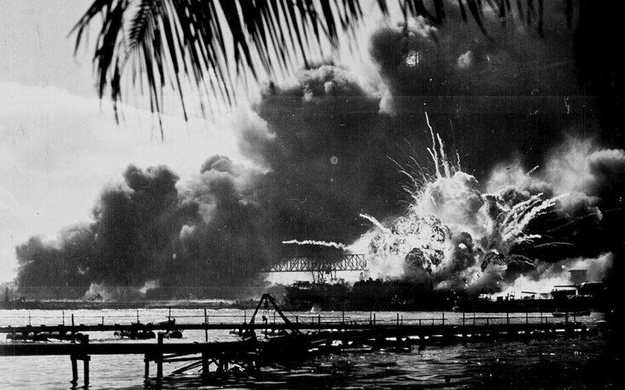 The USS Shaw explodes during the Japanese raid on Pearl Harbor on December 7, 1941.