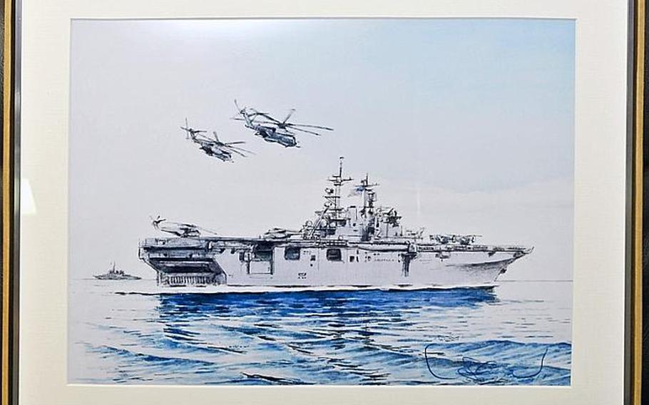 Takashi's painting of the USS Essex will hang in a passageway for the ship's crew and visitors alike to enjoy for years to come. The 68-year-old artist painted the Essex to thank the crew and the U.S. military for its aid and assistance during Operation Tomodachi earlier this year.