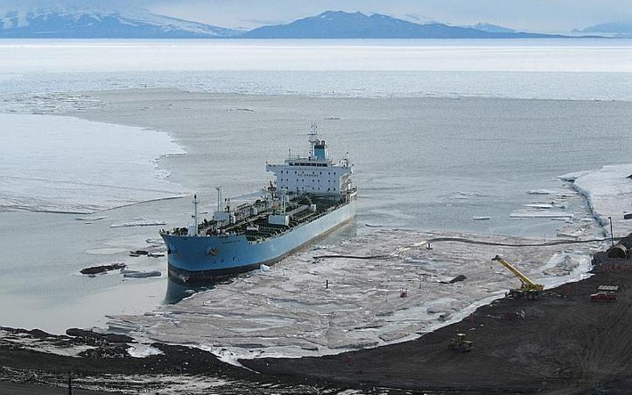 The Russian icebreaker Vladimir Ignatyuk cut a channel through Antarctic sea ice late last month so that a Military Sealift Command tanker could deliver millions of gallons of fuel to McMurdo Station.
