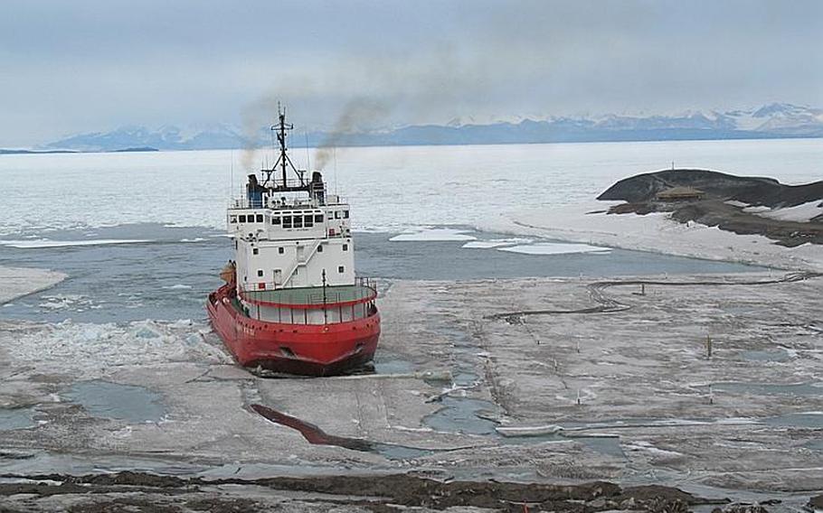 The Russian icebreaker Vladimir Ignatyuk cut a channel through sea ice in late January so that supplies could be delivered to McMurdo Station, Antarctica.