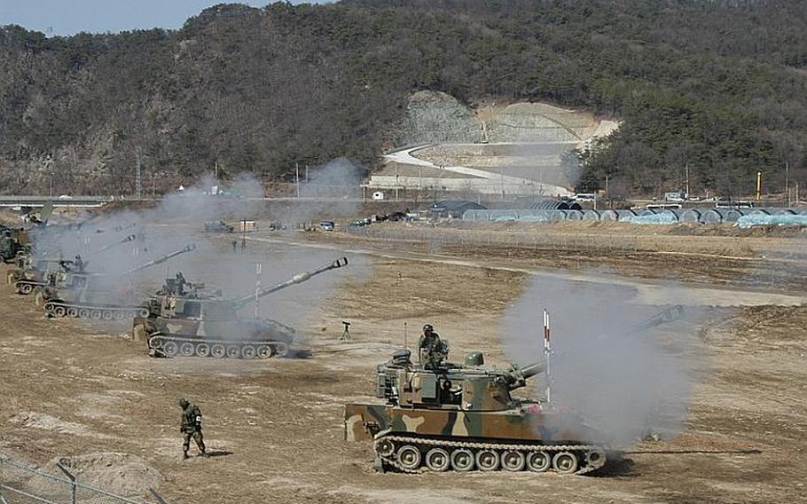 U.S. and South Korean soldiers fire artillery during a live-fire exercise near Rodriguez Range in South Korea. The exercise in March 2012 was part of Foal Eagle, the largest alliance exercise of the year on the peninsula.