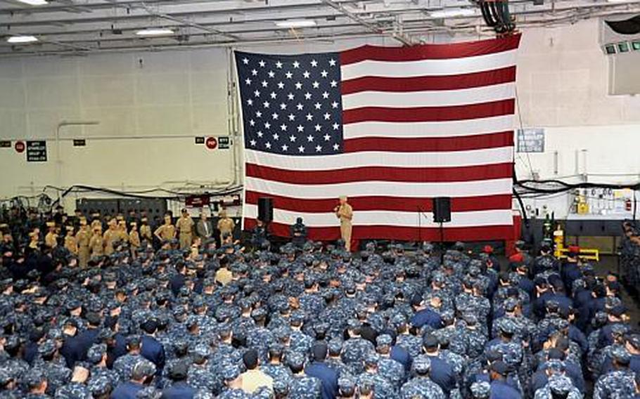 Adm. Samuel Locklear, commander of the U.S. Pacific Command, holds an all-hands meeting with sailors aboard the aircraft carrier USS George Washington at Yokosuka Naval Base, Japan, on April 12, 2012. Locklear also met with airmen at Yokota Air Base, where he said the impending North Korean rocket launch is "more of a strategic concern than it is a tactical concern."