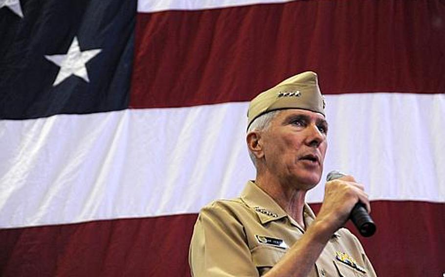 Adm. Samuel Locklear, commander of the U.S. Pacific Command, speaks at an all-hands meeting with sailors aboard the aircraft carrier USS George Washington at Yokosuka Naval Base, Japan, on April 12, 2012. Locklear also met with airmen at nearby Yokota Air Base, where he discussed the impending launch of a North Korean rocket.