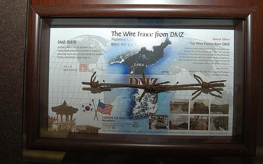 U.S. servicemembers stationed in South Korea are all given a plaque bearing a piece of barbed wire from the Demilitarized Zone by the Korean Ministry of Patriots and Veterans Affairs in thanks for their service on the peninsula.