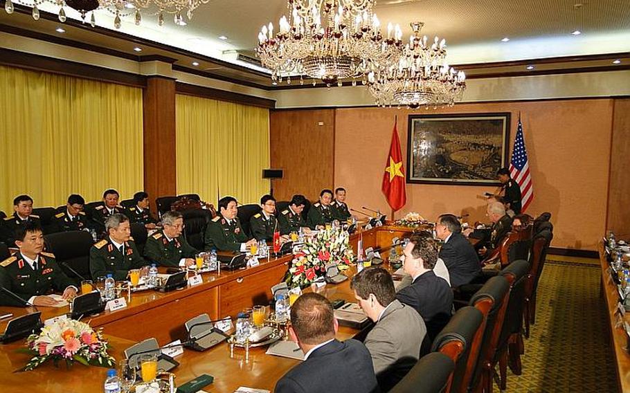 Defense Secretary Leon Panetta and Vietnamese Defense Minister Gen. Phung Quang Thanh met at the Vietnamese Ministry of National Defense on June 4, 2012, morning to discuss strengthening ties between the two countries.