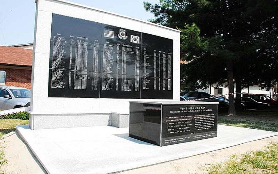 A monument to 130 U.S. and South Korean troops who have been killed in South Korea since the end of the Korean War will be dedicated on June 8, 2012. The monument is located at U.S. Army Garrison Yongsan near the 8th Army Headquarters building.