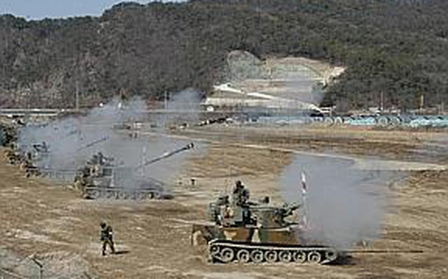 U.S. and South Korean soldiers fire artillery Thursday during a live-fire exercise near Rodriguez Range in South Korea. The exercise was part of Foal Eagle, which is the largest alliance exercise of the year on the peninsula.