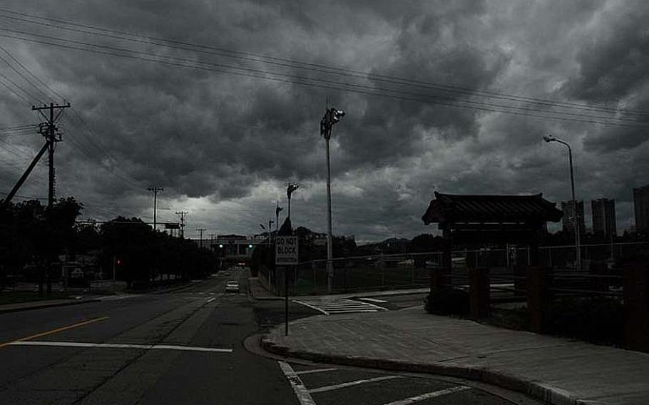 The streets of U.S. Army Garrison Yongsan were virtually deserted on Aug. 28, 2012, and many businesses on base closed because of Typhoon Bolaven, expected to reach Seoul later that day. Defense Department schools were closed on what would have been the second day of school, and the Ulchi Freedom Guardian exercise was suspended because of the storm.