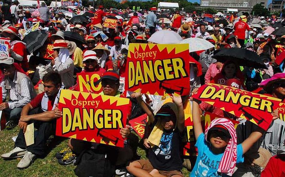 Tens of thousands of protestors gathered Sunday in Ginowan to oppose U.S. plans to deploy Osprey aircraft to a military base on Okinawa this fall.