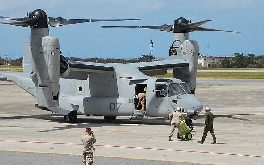 A Marine Corps MV-22 Osprey sits on the tarmac at Futenma air station after arriving late morning Oct. 1, 2012, from Iwakuni. The  U.S. military has deployed the controversial aircraft to Okinawa despite fierce opposition by local Japanese.