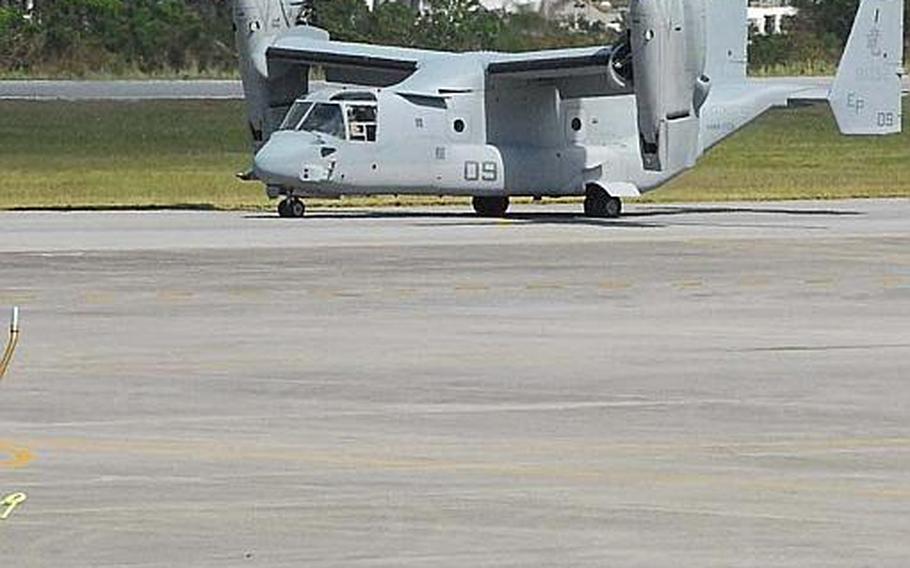 A Marine Corps MV-22 Osprey lands at Futenma air station after arriving late morning Oct. 1, 2012, from Iwakuni on mainland Japan.