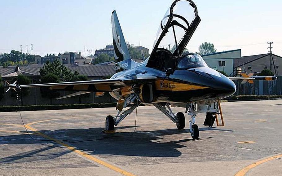 A Republic of Korea Air Force T-50B used for the Black Eagles Aerobatic Team sits on the flight line at Osan Air Base, South Korea on Oct. 18, 2012. The team is scheduled to give an aerial demonstration at this weekend&#39;s Air Power Day event at Osan.