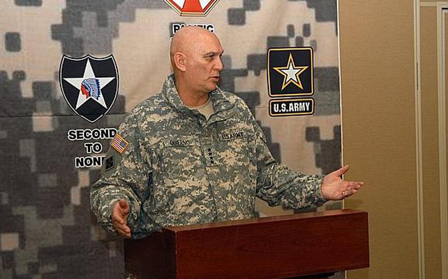 Army Chief of Staff Gen. Ray Odierno speaks Friday during a visit to Camp Casey in South Korea. Odierno said he is confident the South Korean military will be ready to take over wartime operational control of allied forces as scheduled in 2015.