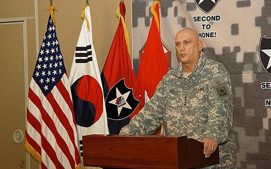 Army Chief of Staff Gen. Ray Odierno speaks Friday during a visit to Camp Casey in South Korea. The planned transfer of wartime operational control of allied forces to the South has been a hot topic of debate for years, but Odierno says he believes South Korea is ready to assume control.