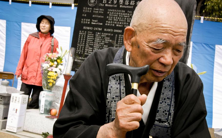 Nobuo Kizaki, the chief priest of the Seiganji temple in Ora, Japan, talks with reporters on March 20, 2013, after a ceremony at the Buddhist temple that honored 23 U.S. servicemembers who died when their B-29 bombers crashed over the rural community Feb. 10, 1945.