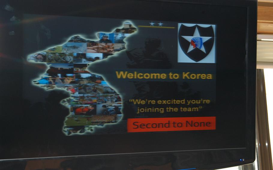 A slideshow begins recently for a group of newly arrived 2nd Infantry Division soldiers to Camp Hovey in South Korea, at the start of a cultural awareness training class April 19, 2013. 