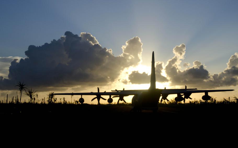 A C-130 aircraft at Borongan, Philippines, prepares to take off to deliver relief to victims of Super Typhoon Haiyan, Nov. 18, 2013.

Eric Guzman/Stars and Stripes