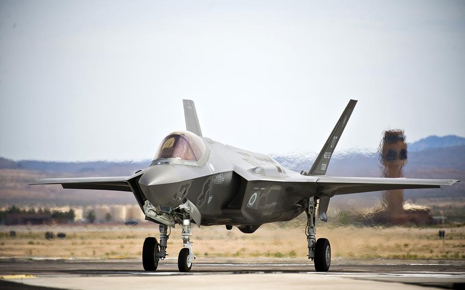 A U.S. Air Force F-35A Lightning II assigned to the 422nd Test and Evaluation Squadron taxis down the runway before a training mission April 4, 2013, at Nellis Air Force Base, Nev.