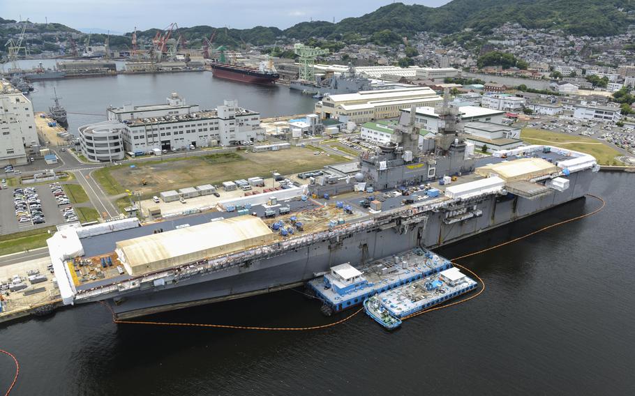 The USS Bonhomme Richard  sits moored at Fleet Activities Sasebo Japan. 