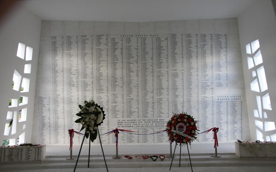 AMVETS and Pacific Historic Parks raised $350,000 for construction of this marble wall holding the names of the 1,177 people who perished on the USS Arizona on Dec. 7, 1941. Replacing a name wall that had eroded over 30 years of time, it was dedicated, Veterans Day 2014.