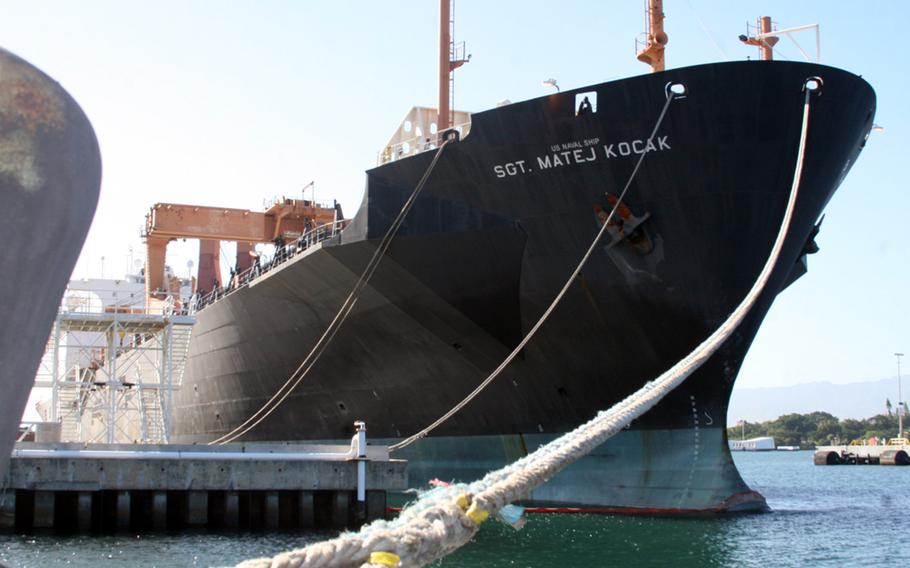 The USNS Sgt. Matej Kocak -- shown as it waits to depart Pearl Harbor, Hawai, on Jan. 7, 2015 -- remains grounded on a reef about six miles from Okinawa. The ship ran aground on Jan. 23.