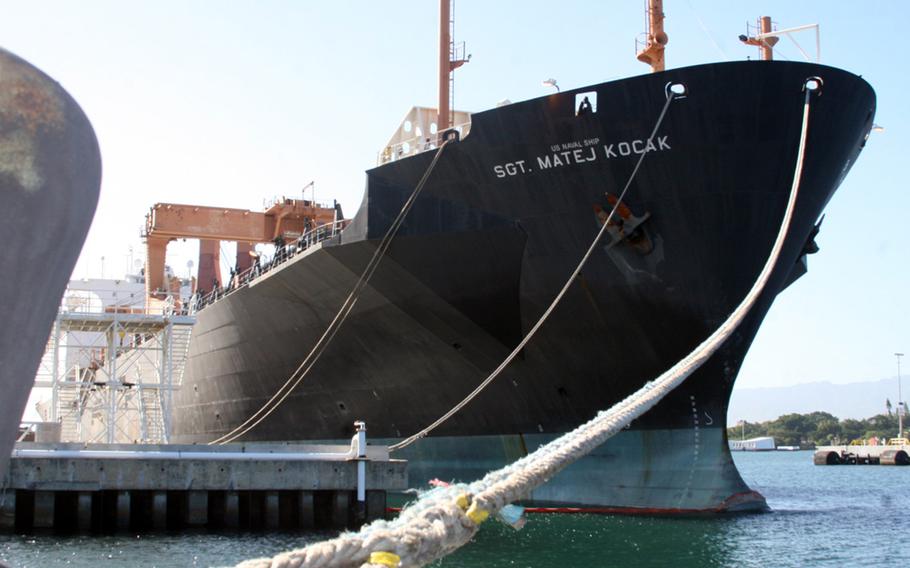 The USNS Sgt. Matej Kocak -- shown as it waits to depart Pearl Harbor, Hawai, on Jan. 7, 2015 --  remains grounded on a reef about six miles from Okinawa. The ship ran aground on Jan. 23.