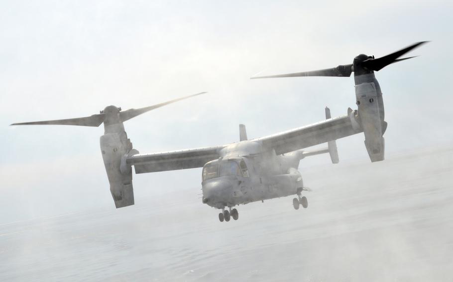 An MV-22 Osprey kicks up ocean spray as it makes another landing on the ROKS Dokdo on March 26, 2015. The two MV-22s that were part of the exercise performed several touch-and-go landings of the southern coast of the Korean peninsula.
