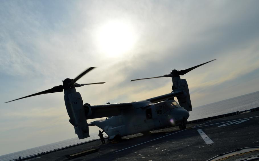 An MV-22 Osprey prepares to take off from the deck of the ROKS Dokdo off the southern coast of the Korean peninsula on March 26, 2015. The MV-22 belongs to the Marine Medium Tiltrotor Squadron 262 Reinforced.