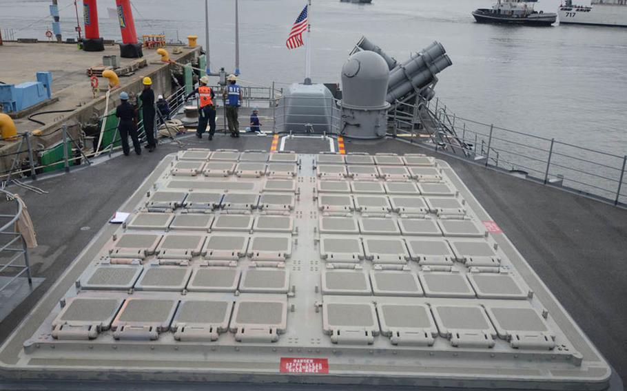 The Vertical Launch System aboard USS Chancellorsville, shown here after its arrival at Yokosuka Naval Base on June 18, 2015, is one of the guided-missile cruiser’s primary weapons systems. When paired with its forward system, the ship can launch more than 100 missiles.