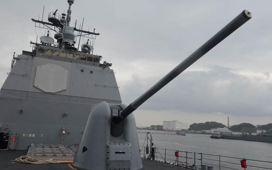The USS Chancellorsville’s lightweight gun is capable of providing support to ground troops.
