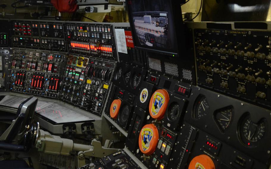 The guided-missile submarine USS Michigan's control panel, as seen while the boat came in for a port visit at Yokosuka Naval Base on July 10, 2015.