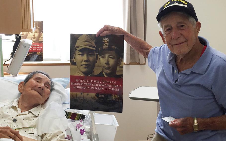 Leon Cooper poses with Kokichi Nishimura, left, July 25 at a Japanese hospital. Cooper was a Navy lieutenant commanding a group of landing craft called Higgins boats launched from the USS Harry Lee, a passenger ship that carried Marines to some of the toughest battles of the Pacific, including the invasion of New Guinea. Nishimura was a lance corporal in the Imperial Japanese Army's South Seas Detachment and participated in the invasion of Guam before fighting in New Guinea. The World War II veterans shared war stories and talked of their efforts to retrieve the remains of fallen U.S. and Japanese soldiers from remote Pacific battle sites.