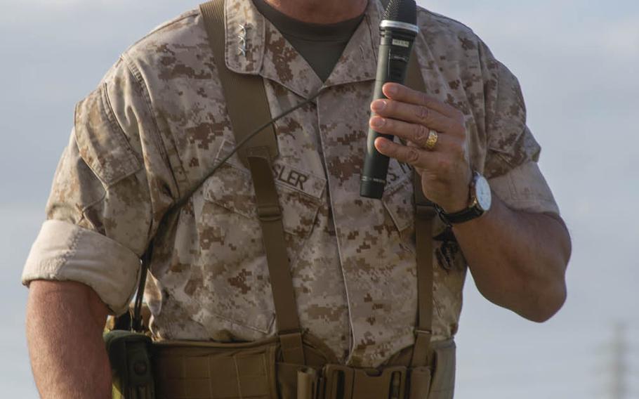 Lt. Gen. John E. Wissler, the former top Marine official in Japan, speaks during the III Marine Expeditionary Force change-of-command ceremony Sept. 11, 2015, at Camp Foster, Okinawa, Japan. Wissler has been tapped to take over Marine Corps Forces Command and Marine fleet operations in the Atlantic.