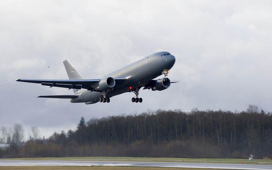 A KC-46A Pegasus takes off on its inaugural test flight Sept. 25, 2015, from Paine Field in Everett, Wash. Japan will purchase the new Boeing midair refueling aircraft, in part because it will help its forces train with the United States, Japanese officials said.