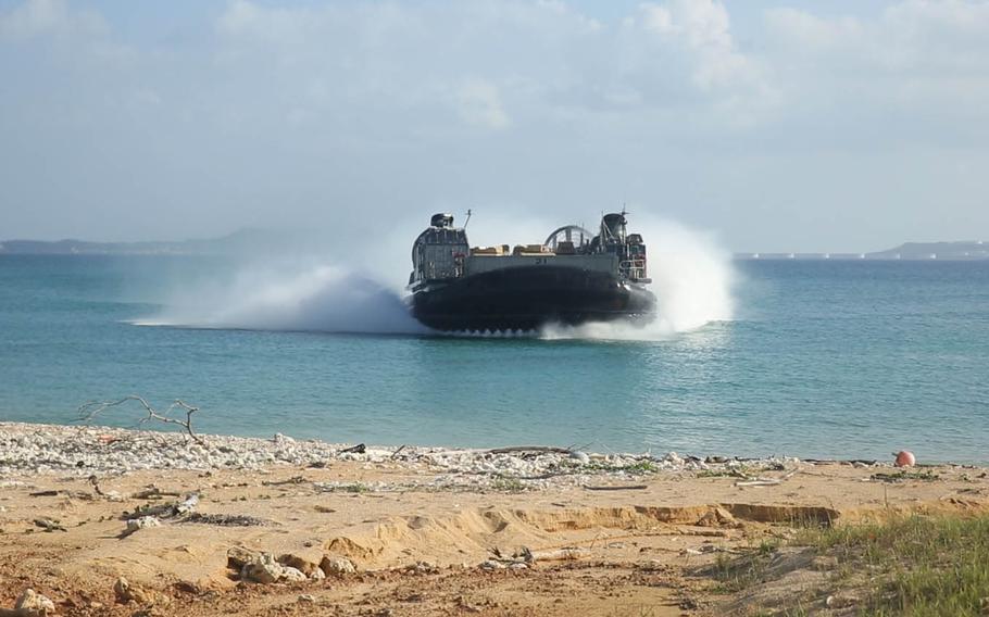 A landing craft air cushion-class hovercraft approaches Kin Blue, Okinawa, Japan, for a beach landing Tuesday, Oct. 27, 2015, during Blue Chromite 2016. Blue Chromite is a large-scale training event lead by the 4th Marine Regiment, 3rd Marine division, III Marine Expeditionary Force.