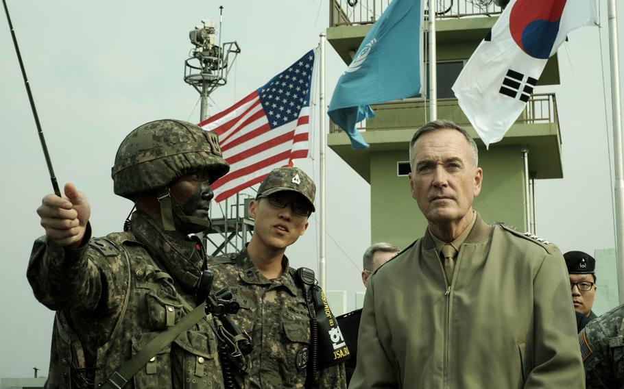 Chairman of the Joint Chiefs of Staff Gen. Joseph F. Dunford is given a tour of Observation Post Ouelette at the Demilitarized Zone between North and South Korea on Monday, Nov. 2, 2015. The visit was Dunford's first to the buffer zone between the two hostile countries as Joint Chiefs chairman.