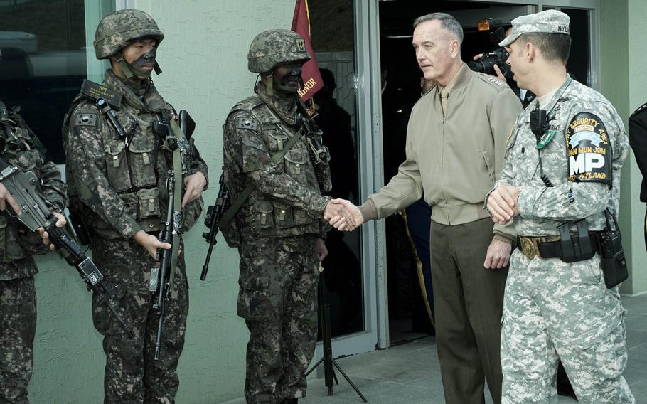 Chairman of the Joint Chiefs of Staff Gen. Joseph F. Dunford meets soldiers at Observation Post Ouelette at the Demilitarized Zone between North and South Korea on Monday,  Nov. 2, 2015.