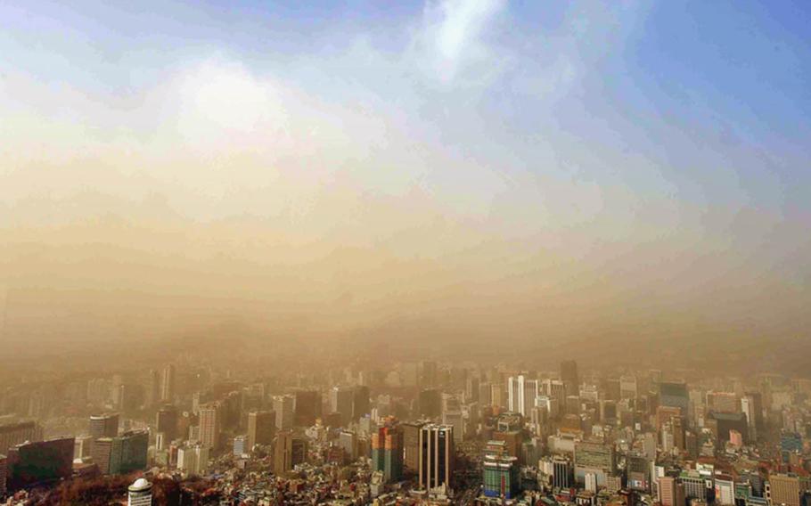 HwangSa — also known as yellow sand and Asian dust — originates in northern China and Mongolia and has been known to engulf cities in South Korea. Mountains and the tops of tall buildings fade in the smog. Warnings are issued for residents to stay inside on the worst days.