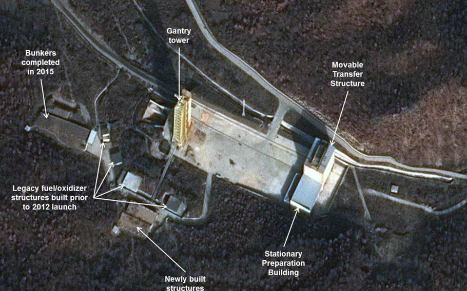 This satellite image taken Nov. 27, 2015, shows construction of new fuel/oxidizer propellant storage bunkers at a launch pad and engine-test stand in North Korea, according to 38 North, a website run by Johns Hopkins University's School of Advanced International Studies that monitors North Korean activities.