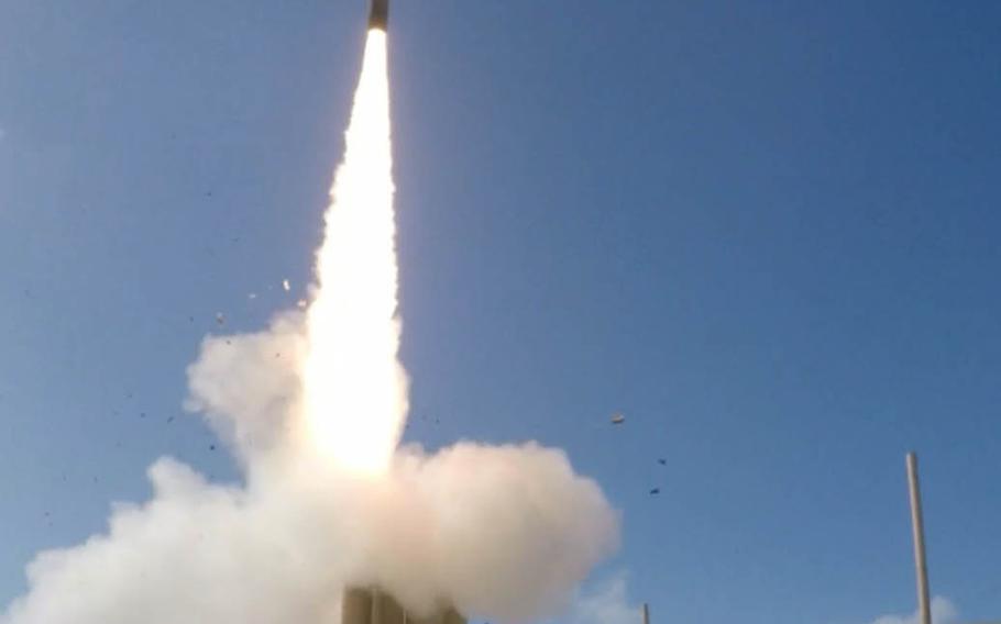 A Terminal High Altitude Area Defense, or THAAD, interceptor is launched from Wake Island in the western Pacific Ocean, Nov. 1, 2015.  During the test, the THAAD system successfully intercepted two air-launched ballistic missile targets.