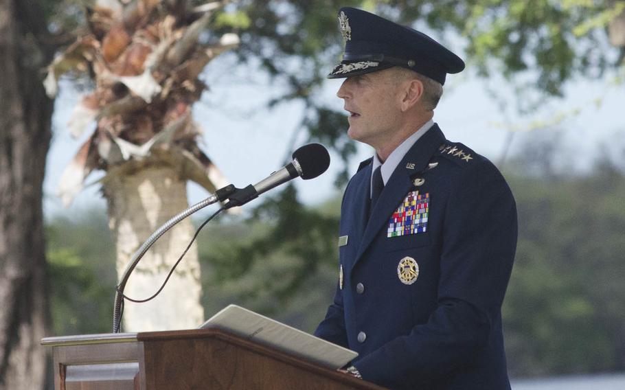 Gen. Terrence J. O'Shaughnessy speaks shortly after assuming command of U.S. Pacific Air Forces during a ceremony, Tuesday, July 12, 2016, at Joint Base Pearl Harbor-Hickam, Hawaii. Former PACAF commander Gen. Lori J. Robinson departed in early May to become commander of U.S. Northern Command.