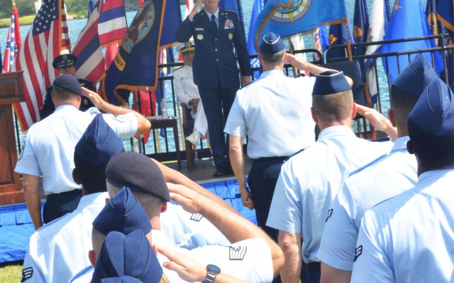 Gen. Terrence J. O'Shaughnessy presents his first solute to the airmen he now commands shortly after taking the reins of U.S. Pacific Air Forces on Tuesday, July 12, 2016, at Joint Base Pearl Harbor-Hickam, Hawaii. O'Shaughnessy was given his fourth star shortly before taking command during a ceremony that included remarks by Air Force Chief of Staff Gen. David L. Goldfein and U.S. Pacific Command head Adm. Harry Harris.