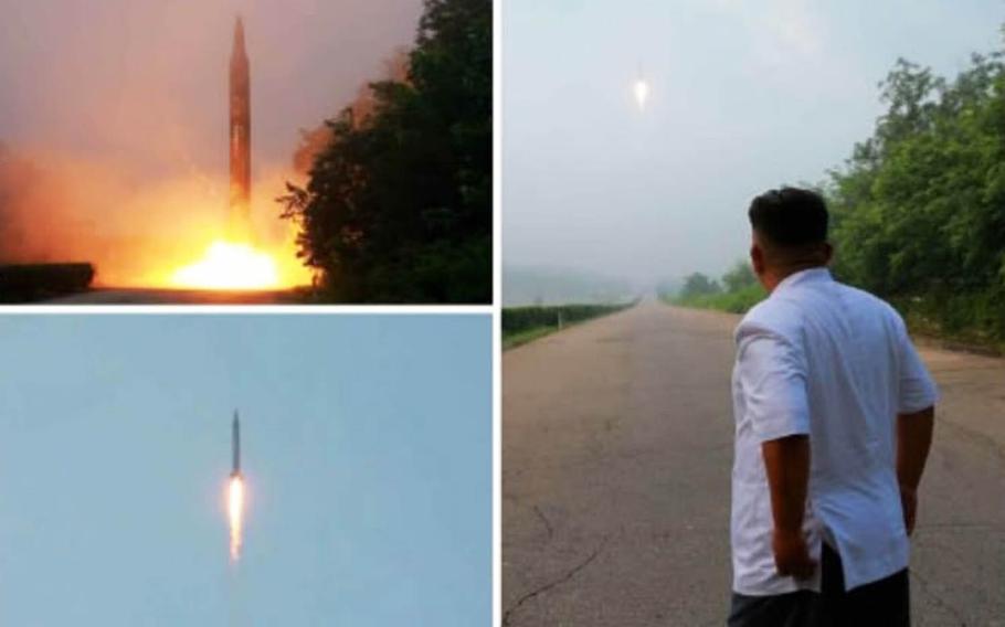 North Korea's official ruling Workers’ Party newspaper, Rodong Sinmun, carried photographs of a ballistic missile launch along with leader Kim Jong Un apparently observing it.
